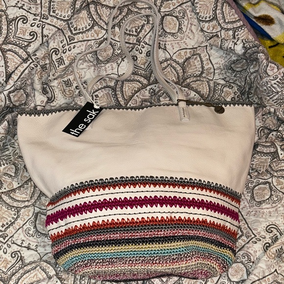The Sak Faye Large Genuine Leather Tote Stone With Multicolored Crochet Stripes - Picture 12 of 13